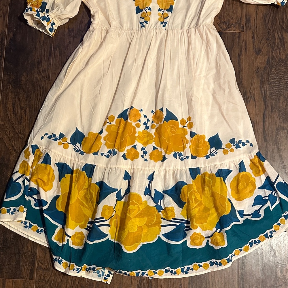 Anthropologie White Midi Dress with Yellow & Teal Floral Print - Picture 3 of 4